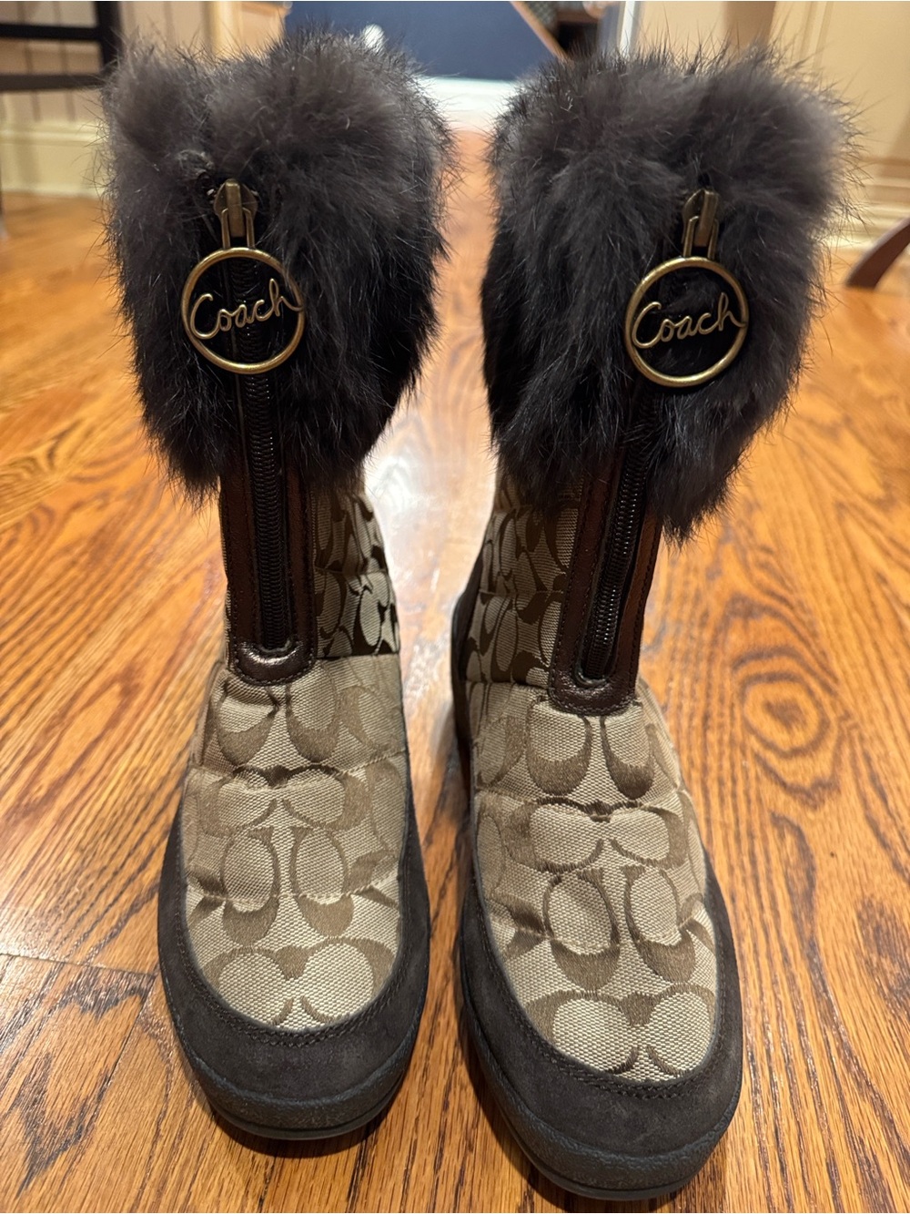 Coach Beige Signature Logo Fur-Trim Winter Boots
